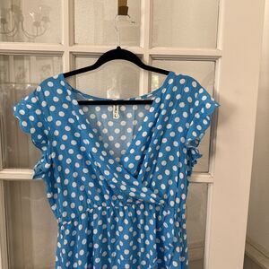 Baby Blue Polka Dot Dress Womens Large Hi Low Ruffle Boho Flowy